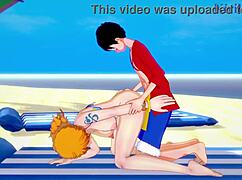 Nami and Vivi's intense sex with Luffy in One Piece hentai