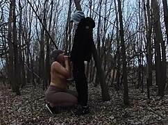 Nude wife sucks cock in public park