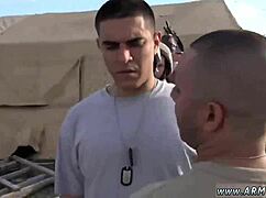 Army men in fatigues masturbate on couch before hot fucking scene