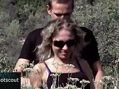 horny blonde girl with light eyes fucked in pussy and ass outdoors, babe