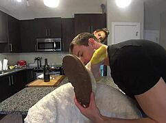 Horny stepson licks my nylon soles!