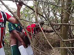 Chubby guys enjoying gay sex scene with horny muscular men in the woods