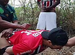 Chubby guys enjoying gay sex scene with horny muscular men in the woods