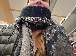 naughty hazel goes shopping outdoors with her natural tits exposed. she flashes in the public shop