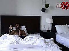 Sexy latina watches her friend pleasure himself secretly