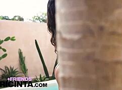 horny babe putri cinta dances naked on the poolside, showing her big tits and ass