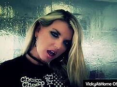 Vicky Vette rubs pussy, gives titjob
