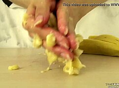 Asian hand crushes banana in messy fetish