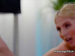 Two skilled masseuses work a client's hard cock together in sync.