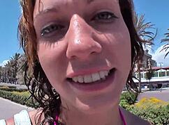 Watch her pierced pussy get fucked in the mall on vacation for mega cumshot?