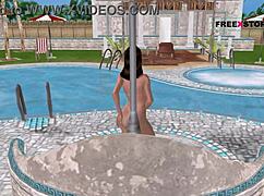 animated 3d cartoon porn with cute girl posing sexy near pool. she showers seductively after swim.