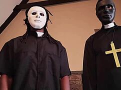 nun bent over in wild 3sum with two priests. gagging and riding in black roleplay!