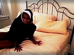 nun bent over in wild 3sum with two priests. gagging and riding in black roleplay!