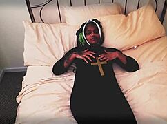 nun bent over in wild 3sum with two priests. gagging and riding in black roleplay!