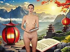 Naked Brunette Reads War Art with Small Tits