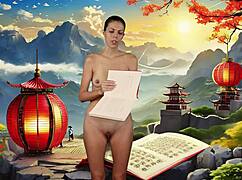 Naked Brunette Reads War Art with Small Tits