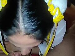 Bound leather sub giving messy blowjob with spanking