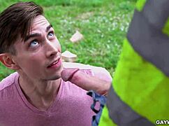 Gay outdoor bareback with massive cock in raw action.