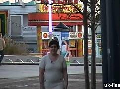 British fattie masturbates in a public bar with piercings