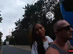 my thai teen girlfriend gives blowjob after workout, licking balls pov