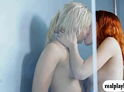 Two adorable babes intensely fuck blue dildo while licking