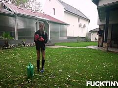 the tiny gardener mona blue working in the garden