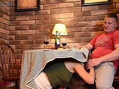 Look! Crazy hot girl sucking dick under the table in the cafe!