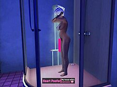 Cartoon character bathing in the shower during a casual scene.