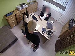 Blonde European babe gives blowjob for loan in hidden office masturbation scene