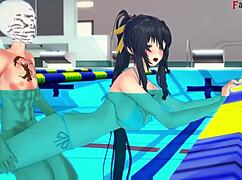 Akeno Teases Sex In Public Pool Hentai Scene