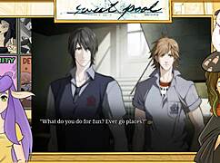 Detailed uncensored pool yaoi game scene with muscular Japanese bodybuilders.