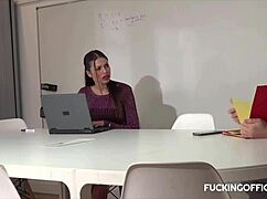 Horny secretary gets cooled off with intense Latina handjob by maintenance guy