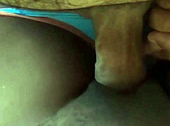 African babe rubs shaved pussy on black cock in interracial session