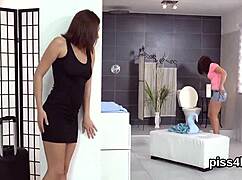 these sultry lesbians get pissed on and their wet cunts burst