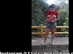 Outdoor public exhibitionism with total nudity, horny girl shows natural tits, big ass, and wet pussy in the street for strangers 😏