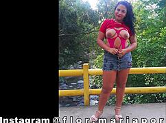 Outdoor public exhibitionism with total nudity, horny girl shows natural tits, big ass, and wet pussy in the street for strangers 😏