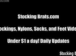 Sasha and Monica were licking each other's feet in sexy stockings, turning it into a femdom footjob session.