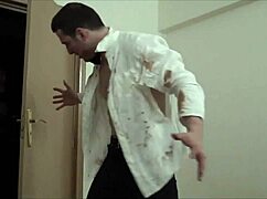 Muscular gay waiter strokes in sexy solo