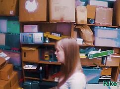 Doll-Like Teen on Table with Shop Manager