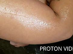 Having a shower with the chubby latina hotwife, she gives blowjob and doggystyle bareback sex.