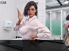 Does the secretary tease with her huge tits in the office?