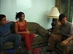 Brazilian beauty frees her pussy and ass for intense double penetration by two well-endowed men.