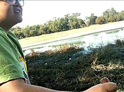 wife gives blowjob at the lake in public