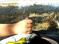 wife gives blowjob at the lake in public