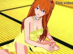 Horny Asuka in Yellow Dress Guides Handjob - Evangelion