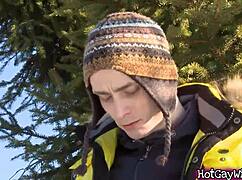 Two gay twinks banging hard outside in wild oral session. They take turns in raw action.