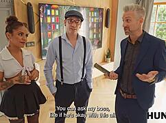 That pretty latina wife's shaved pussy is worth every penny on the sofa