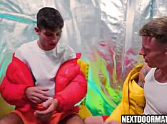 Athletic jocks fucking bareback in the gym, ripping clothes and pounding asses.