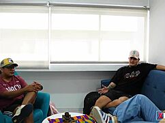 At home alone, I seduce my stepbrother's gay friend with a massage and fingering.