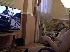 Crazy driver on ps4 with girlfriend toys orgasm